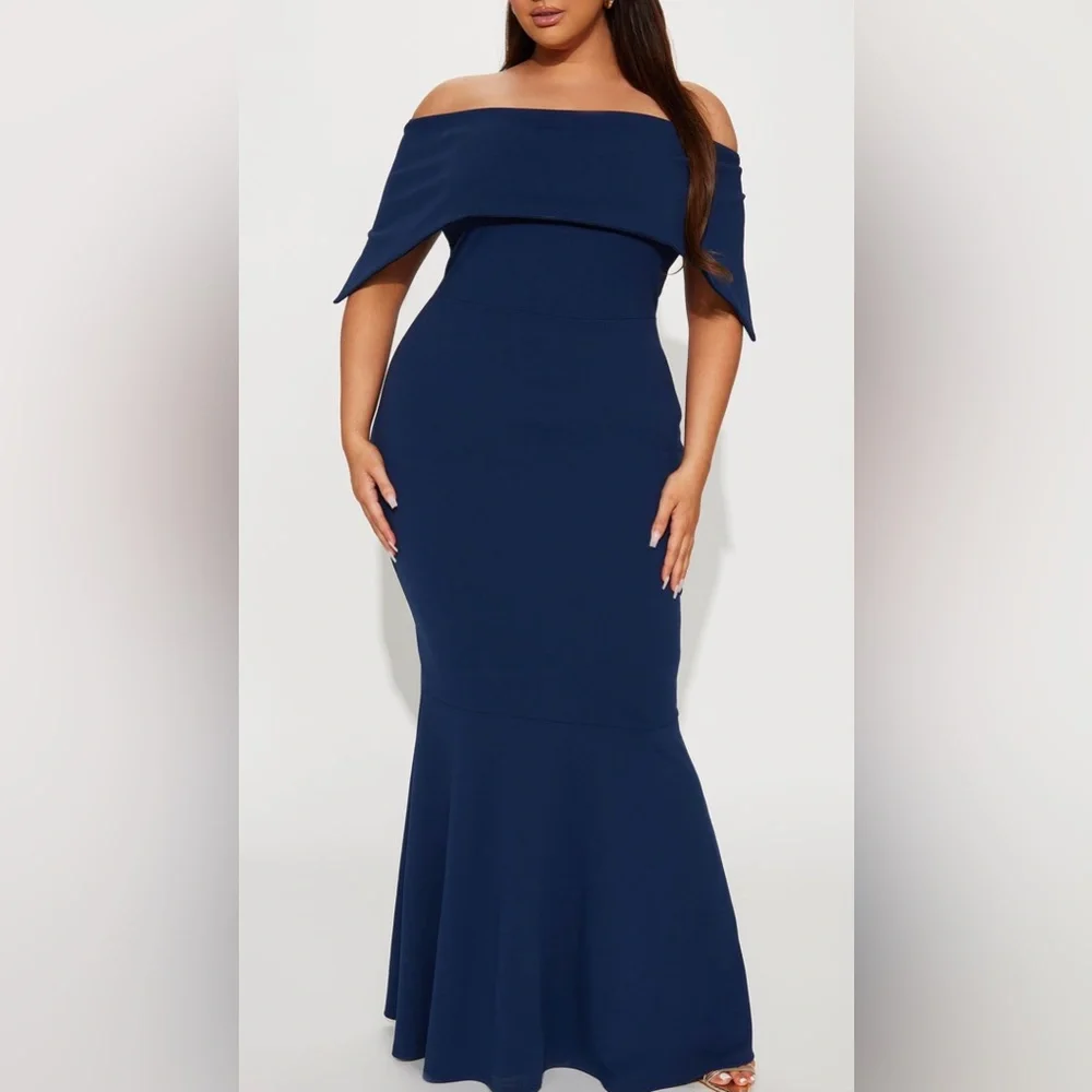 Fashion Nova Elegant Navy Blue Off-Shoulder Dress plus size 1X - Picture 2 of 4